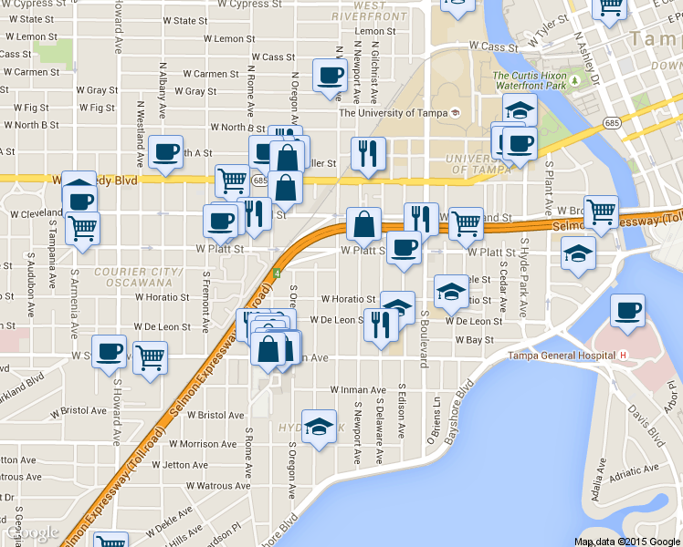 map of restaurants, bars, coffee shops, grocery stores, and more near 405 South Willow Avenue in Tampa