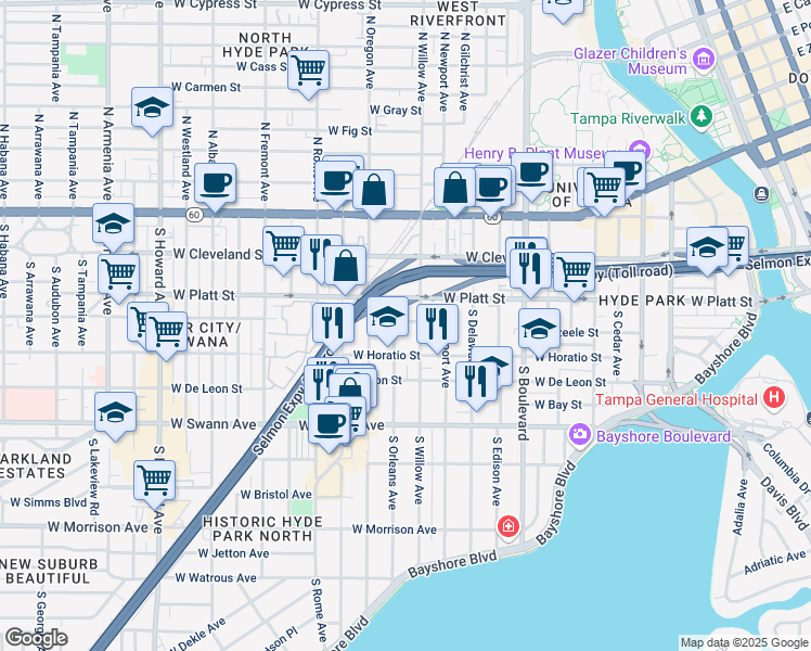 map of restaurants, bars, coffee shops, grocery stores, and more near 405 South Willow Avenue in Tampa