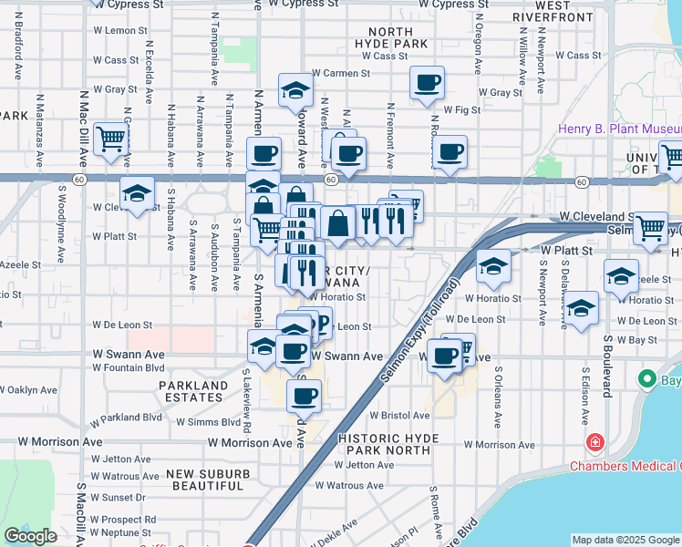 map of restaurants, bars, coffee shops, grocery stores, and more near 406 South Albany Avenue in Tampa