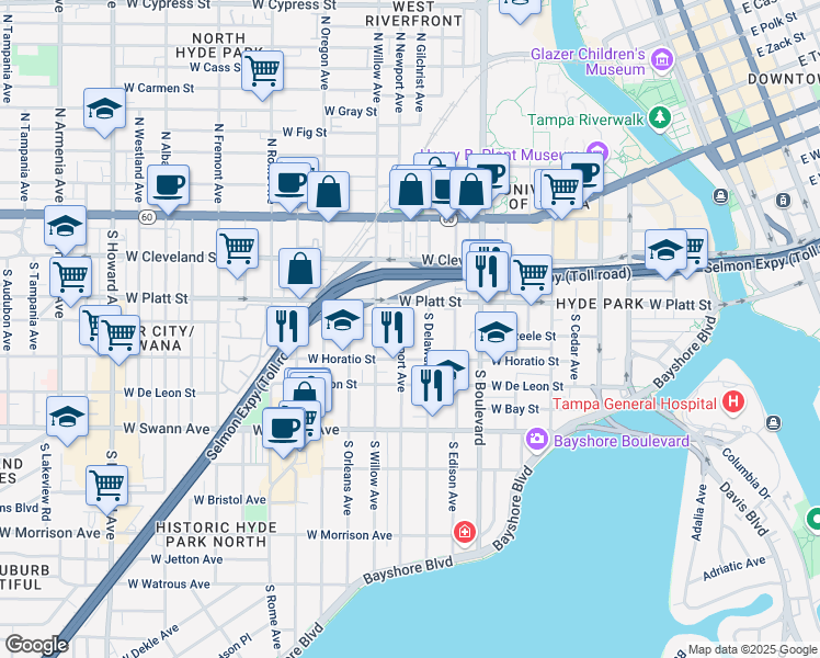 map of restaurants, bars, coffee shops, grocery stores, and more near 406 South Newport Avenue in Tampa