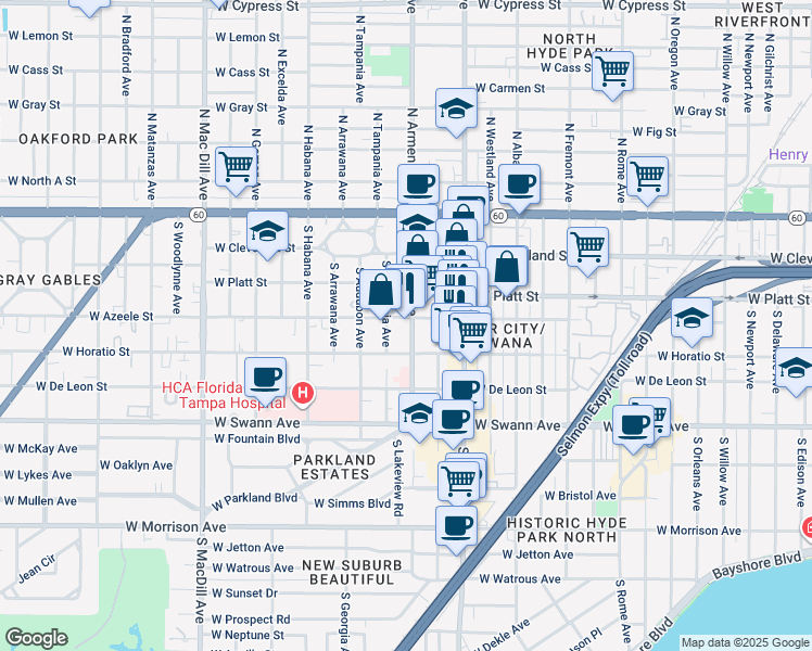 map of restaurants, bars, coffee shops, grocery stores, and more near 410 South Armenia Avenue in Tampa