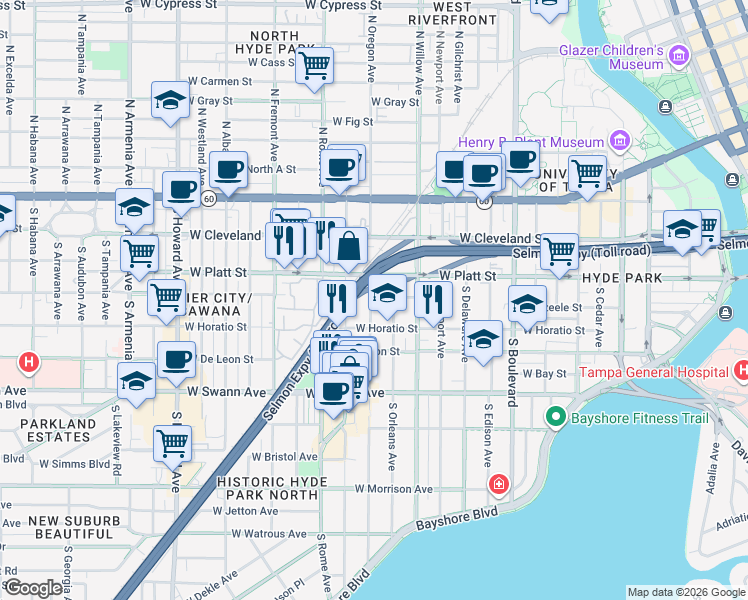 map of restaurants, bars, coffee shops, grocery stores, and more near 402 South Oregon Avenue in Tampa