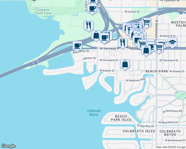 map of restaurants, bars, coffee shops, grocery stores, and more near 8 Sandpiper Road in Tampa