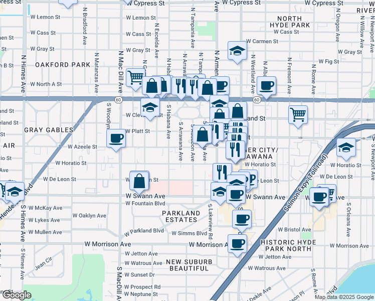 map of restaurants, bars, coffee shops, grocery stores, and more near 408 South Arrawana Avenue in Tampa