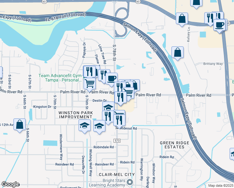 map of restaurants, bars, coffee shops, grocery stores, and more near S 78th St & Palm River Rd in Tampa