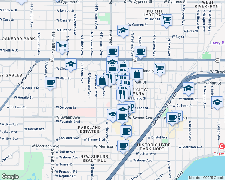 map of restaurants, bars, coffee shops, grocery stores, and more near 402 South Armenia Avenue in Tampa