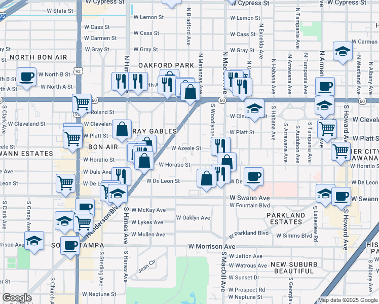 map of restaurants, bars, coffee shops, grocery stores, and more near 3221 Marcellus Circle in Tampa