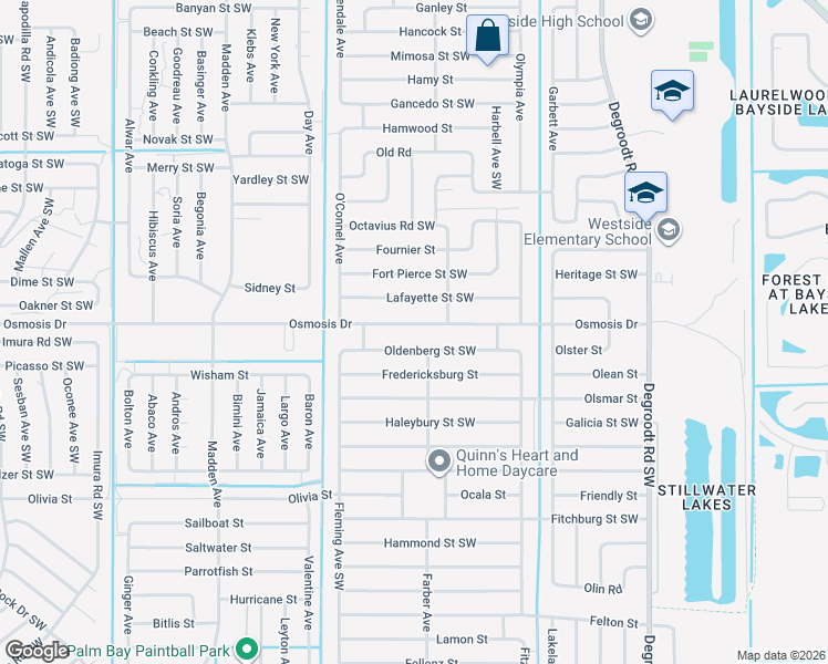 map of restaurants, bars, coffee shops, grocery stores, and more near 511 Oldenberg Street Southwest in Palm Bay