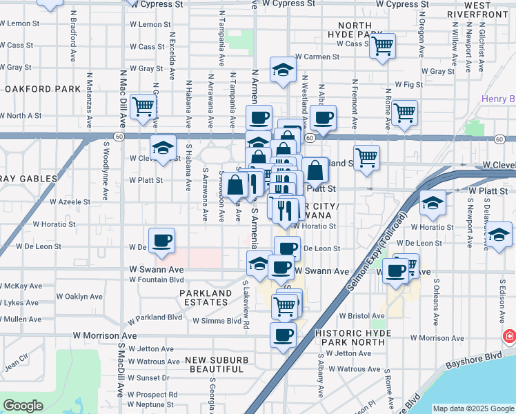 map of restaurants, bars, coffee shops, grocery stores, and more near 410 South Armenia Avenue in Tampa