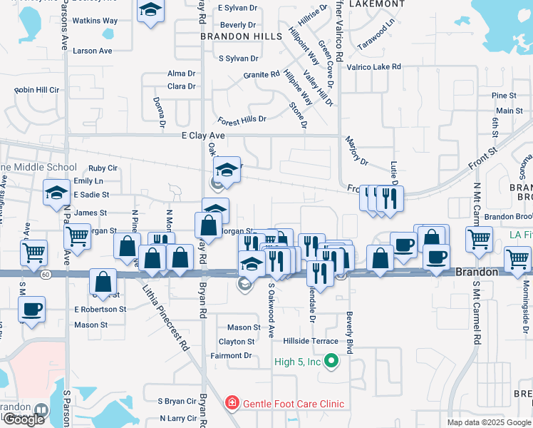 map of restaurants, bars, coffee shops, grocery stores, and more near 206 North Oakwood Avenue in Brandon