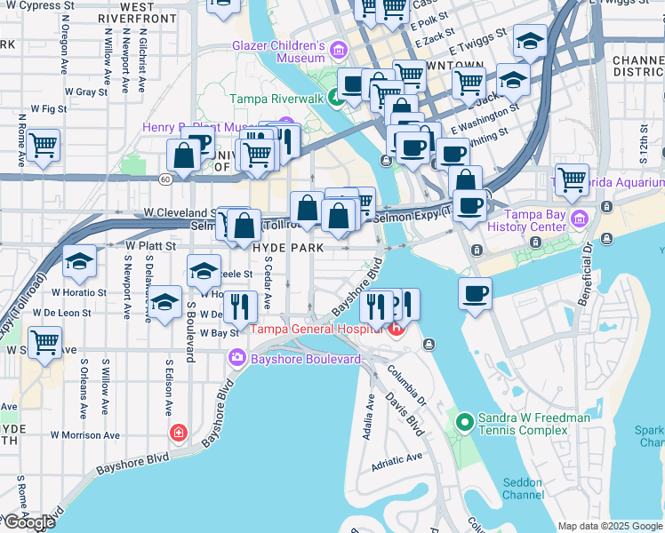 map of restaurants, bars, coffee shops, grocery stores, and more near 326 South Plant Avenue in Tampa