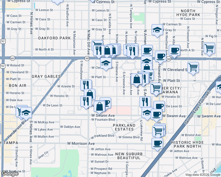 map of restaurants, bars, coffee shops, grocery stores, and more near 403 South Habana Avenue in Tampa
