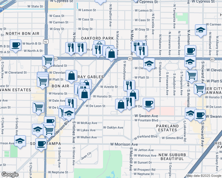 map of restaurants, bars, coffee shops, grocery stores, and more near 3221 Marcellus Circle in Tampa