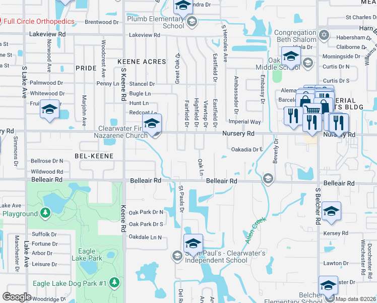 map of restaurants, bars, coffee shops, grocery stores, and more near 1544 Oak Lane in Clearwater