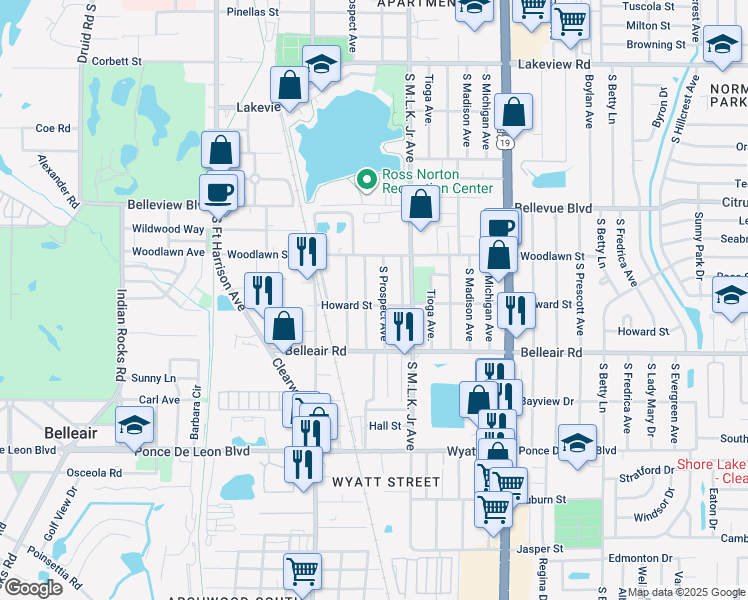 map of restaurants, bars, coffee shops, grocery stores, and more near 1555 South Prospect Avenue in Clearwater