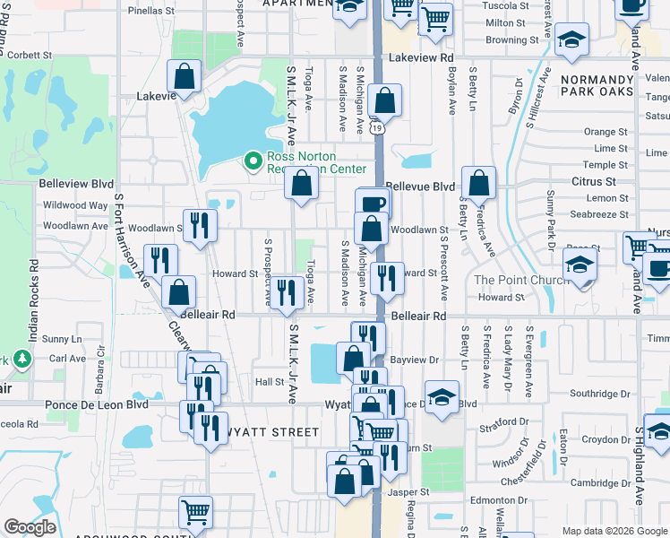 map of restaurants, bars, coffee shops, grocery stores, and more near 1138 Howard Street in Clearwater