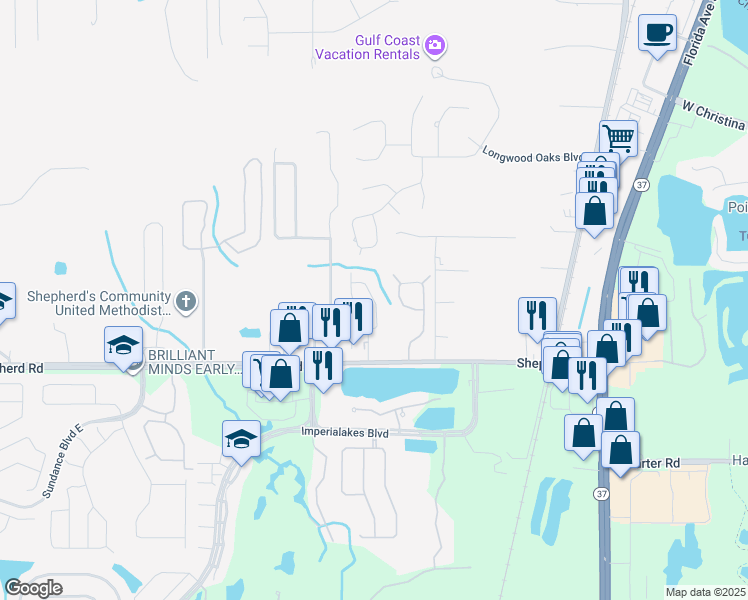 map of restaurants, bars, coffee shops, grocery stores, and more near 6849 Palomino Drive in Lakeland