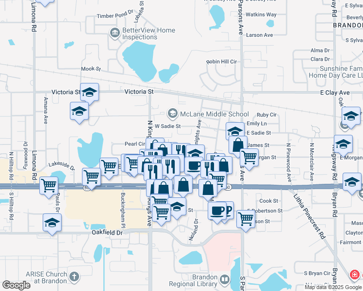 map of restaurants, bars, coffee shops, grocery stores, and more near 221 Thorntree Place in Brandon