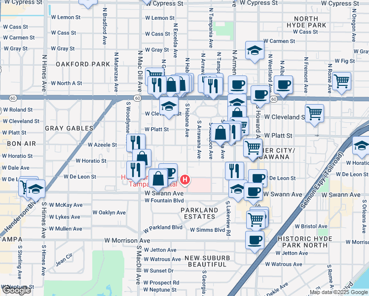 map of restaurants, bars, coffee shops, grocery stores, and more near 403 South Habana Avenue in Tampa