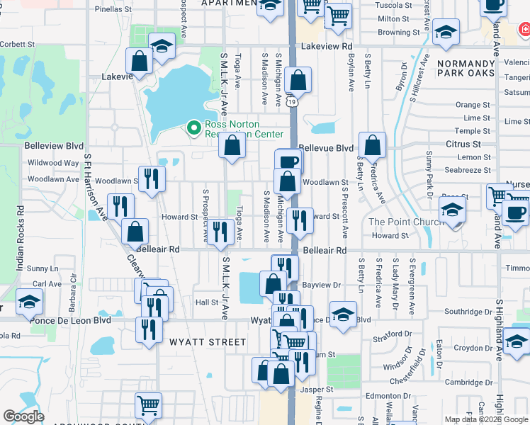 map of restaurants, bars, coffee shops, grocery stores, and more near 1144 Howard Street in Clearwater