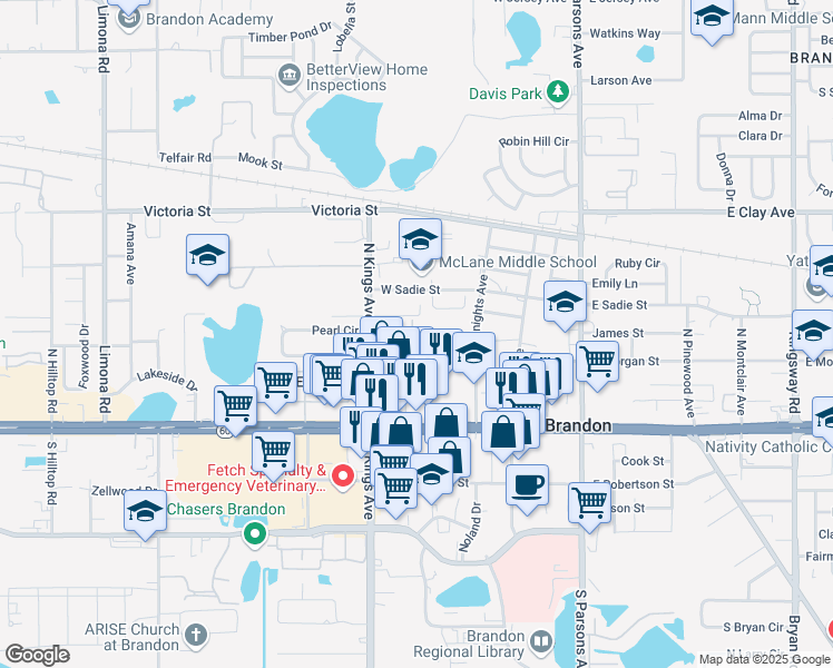 map of restaurants, bars, coffee shops, grocery stores, and more near 213 Berry Tree Place in Brandon