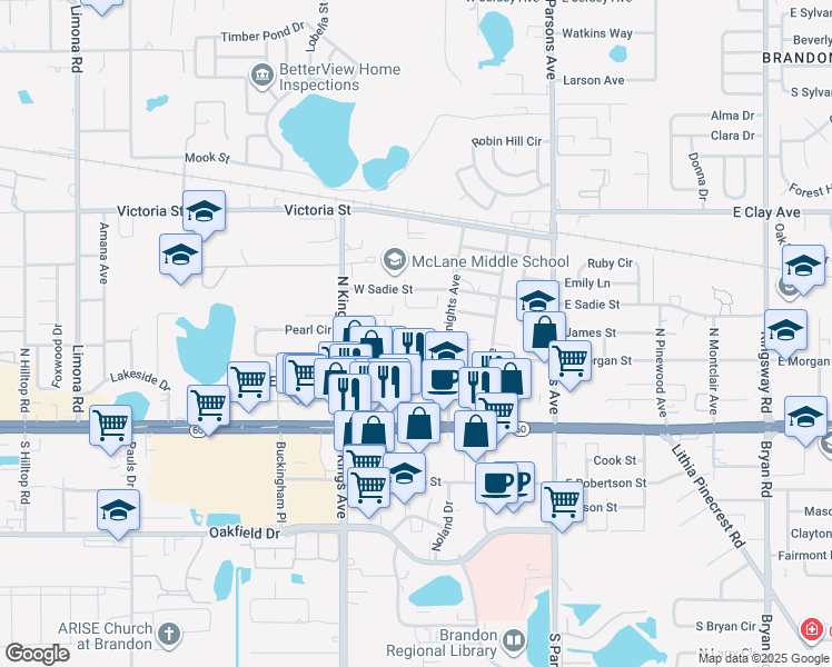 map of restaurants, bars, coffee shops, grocery stores, and more near 609 Golden Raintree Place in Brandon