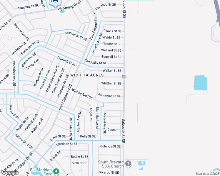map of restaurants, bars, coffee shops, grocery stores, and more near 1631 Sardinia Street Southeast in Palm Bay