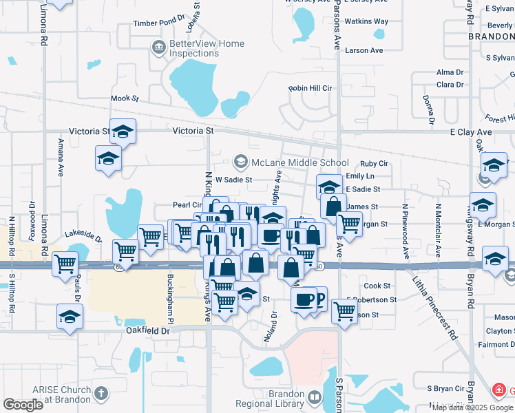 map of restaurants, bars, coffee shops, grocery stores, and more near 609 Golden Raintree Place in Brandon