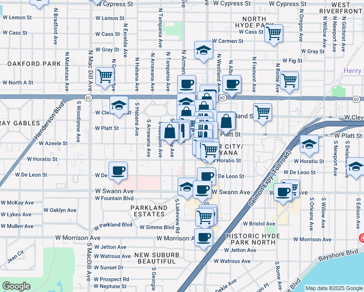map of restaurants, bars, coffee shops, grocery stores, and more near 410 South Armenia Avenue in Tampa