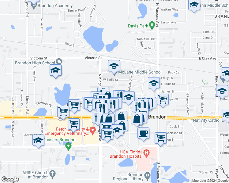 map of restaurants, bars, coffee shops, grocery stores, and more near 618 Golden Raintree Place in Brandon