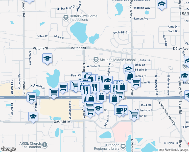 map of restaurants, bars, coffee shops, grocery stores, and more near 628 Golden Raintree Place in Brandon