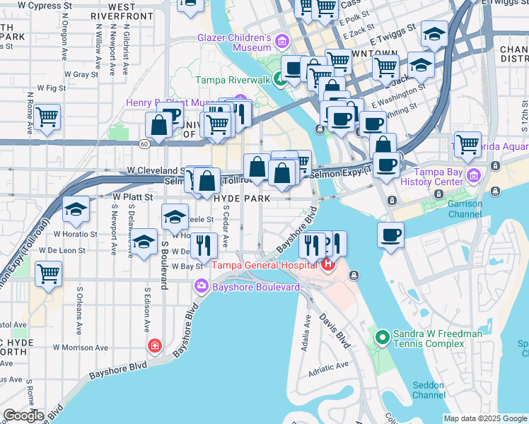 map of restaurants, bars, coffee shops, grocery stores, and more near 326 South Plant Avenue in Tampa