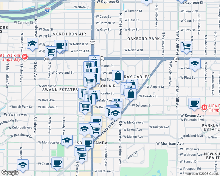 map of restaurants, bars, coffee shops, grocery stores, and more near 3620 West Azeele Street in Tampa