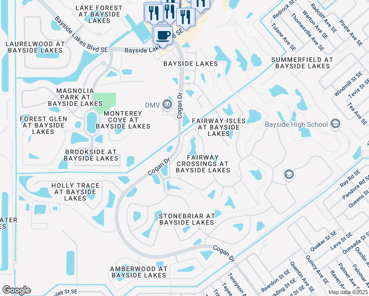 map of restaurants, bars, coffee shops, grocery stores, and more near 636 Remington Green Drive Southeast in Palm Bay