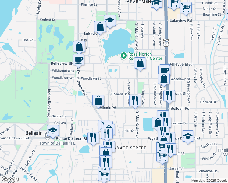 map of restaurants, bars, coffee shops, grocery stores, and more near 1545 South Myrtle Avenue in Clearwater