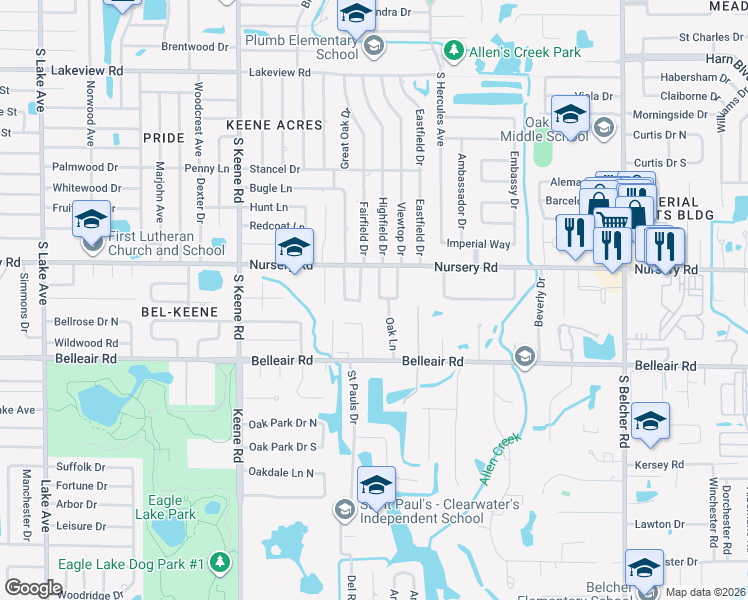 map of restaurants, bars, coffee shops, grocery stores, and more near 1544 Oak Lane in Clearwater