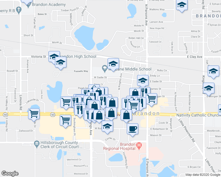 map of restaurants, bars, coffee shops, grocery stores, and more near 556 Golden Raintree Place in Brandon