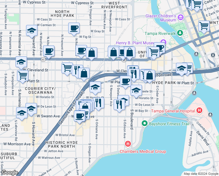 map of restaurants, bars, coffee shops, grocery stores, and more near 406 South Newport Avenue in Tampa