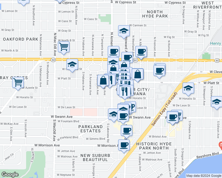 map of restaurants, bars, coffee shops, grocery stores, and more near 410 South Armenia Avenue in Tampa