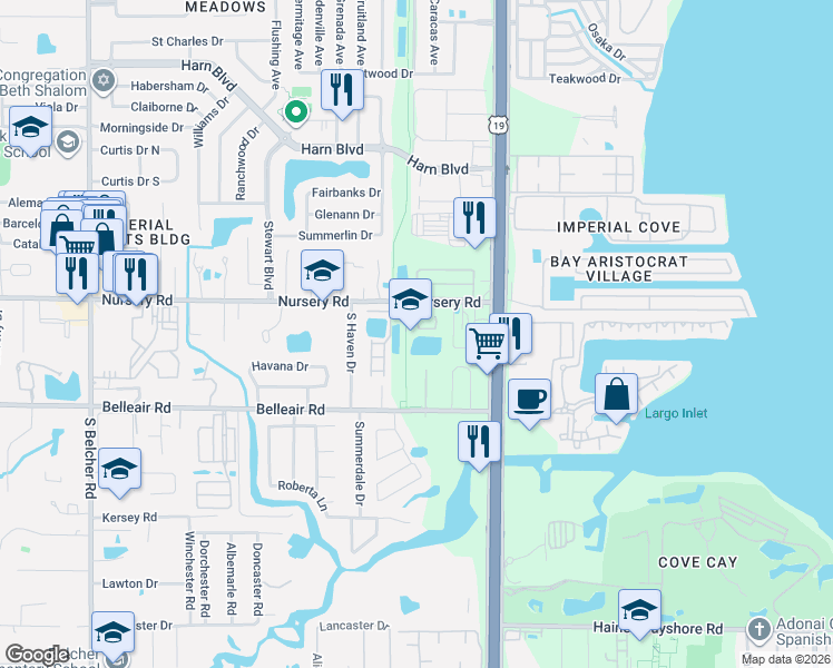 map of restaurants, bars, coffee shops, grocery stores, and more near 1532 Chateaux De Ville Court in Clearwater