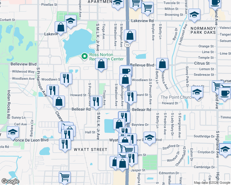 map of restaurants, bars, coffee shops, grocery stores, and more near 1141 Howard Street in Clearwater