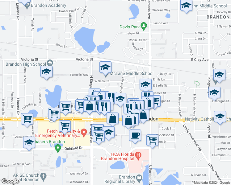 map of restaurants, bars, coffee shops, grocery stores, and more near 218 Red Maple Place in Brandon