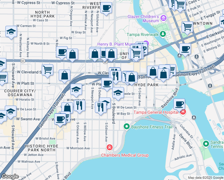 map of restaurants, bars, coffee shops, grocery stores, and more near 800 West Azeele Street in Tampa