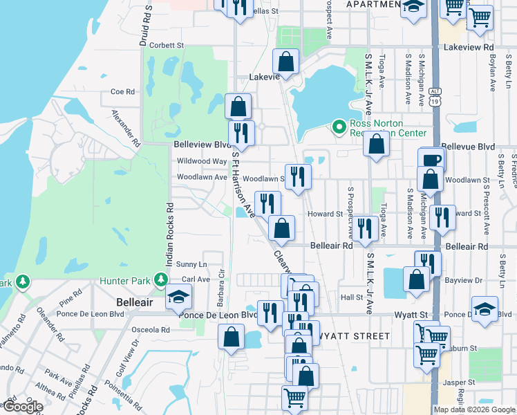 map of restaurants, bars, coffee shops, grocery stores, and more near 1555-1559 South Fort Harrison Avenue in Clearwater
