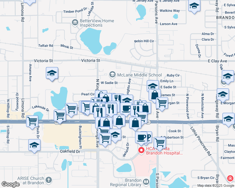 map of restaurants, bars, coffee shops, grocery stores, and more near 609 Golden Raintree Place in Brandon