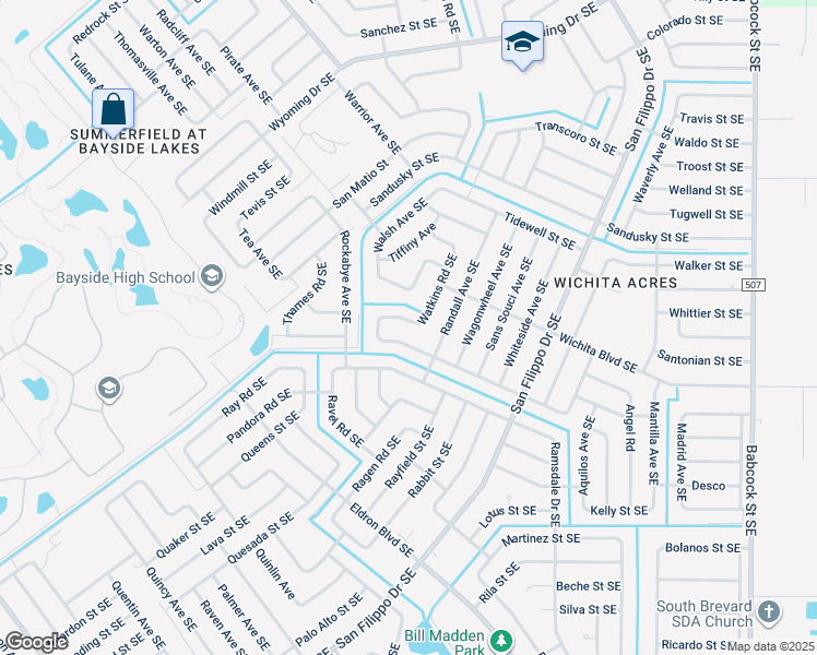 map of restaurants, bars, coffee shops, grocery stores, and more near 2159 Watkins Road Southeast in Palm Bay