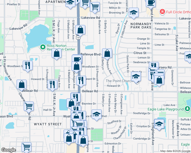 map of restaurants, bars, coffee shops, grocery stores, and more near 1549 Young Avenue in Clearwater