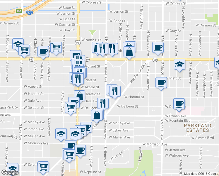 map of restaurants, bars, coffee shops, grocery stores, and more near 3518 West Azeele Street in Tampa