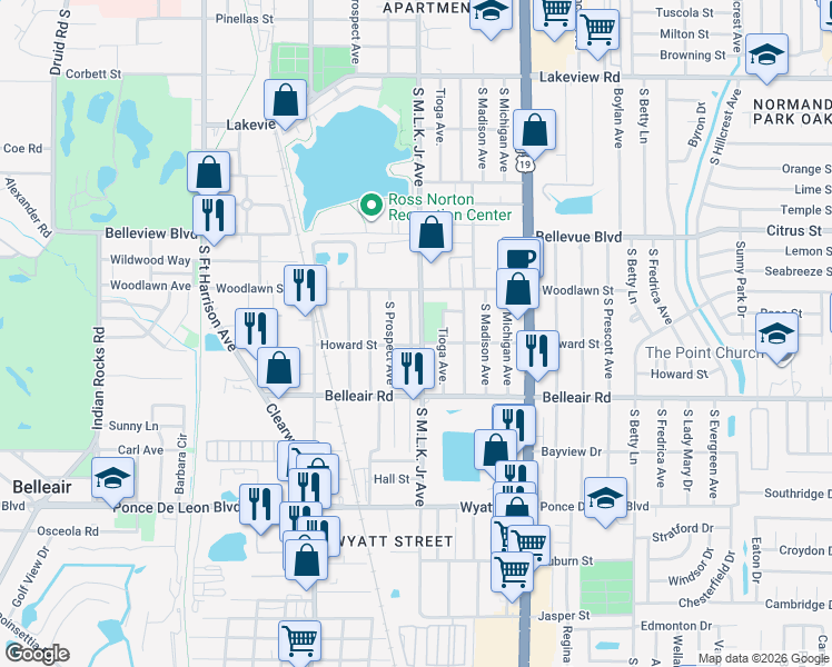 map of restaurants, bars, coffee shops, grocery stores, and more near 1555 South Prospect Avenue in Clearwater