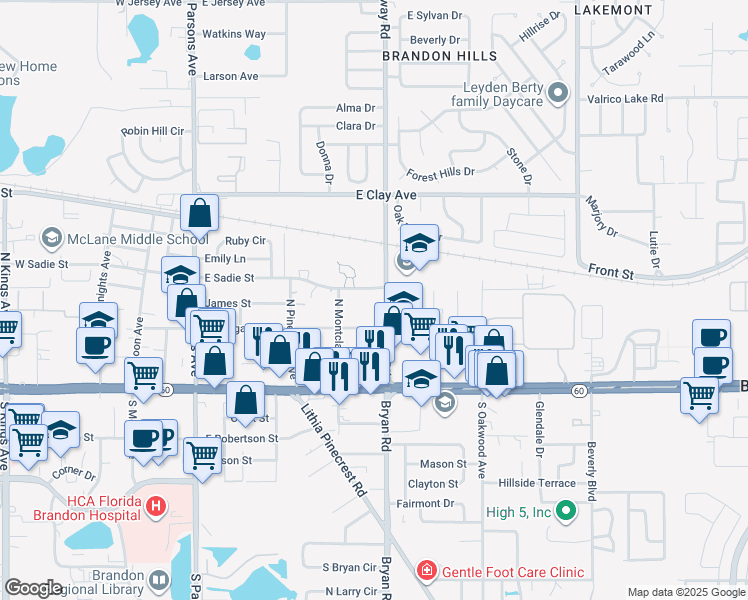map of restaurants, bars, coffee shops, grocery stores, and more near 525 East Sadie Street in Brandon